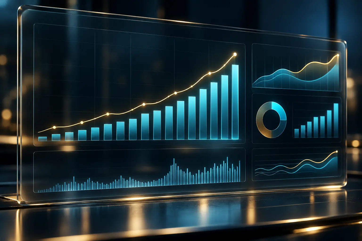 SEO-Dashboard mit aufsteigenden cyanfarbenen Balken und goldener Trendlinie