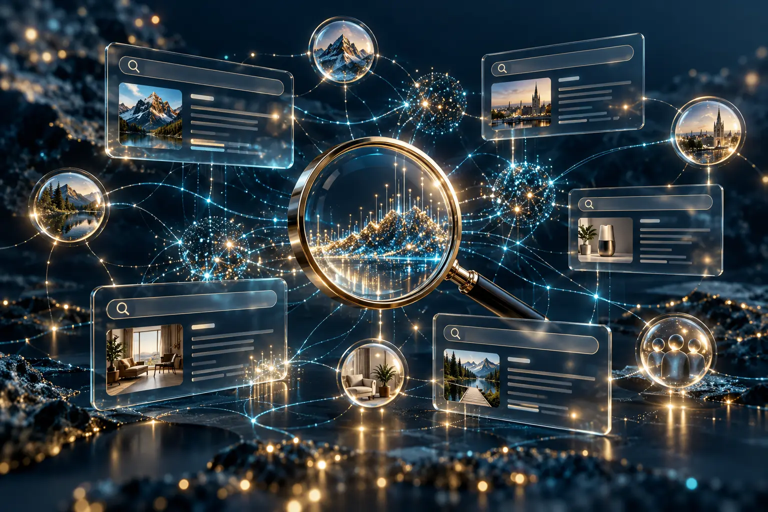 Suchanfragen und Themenbereiche verbunden durch digitale Datenpfade