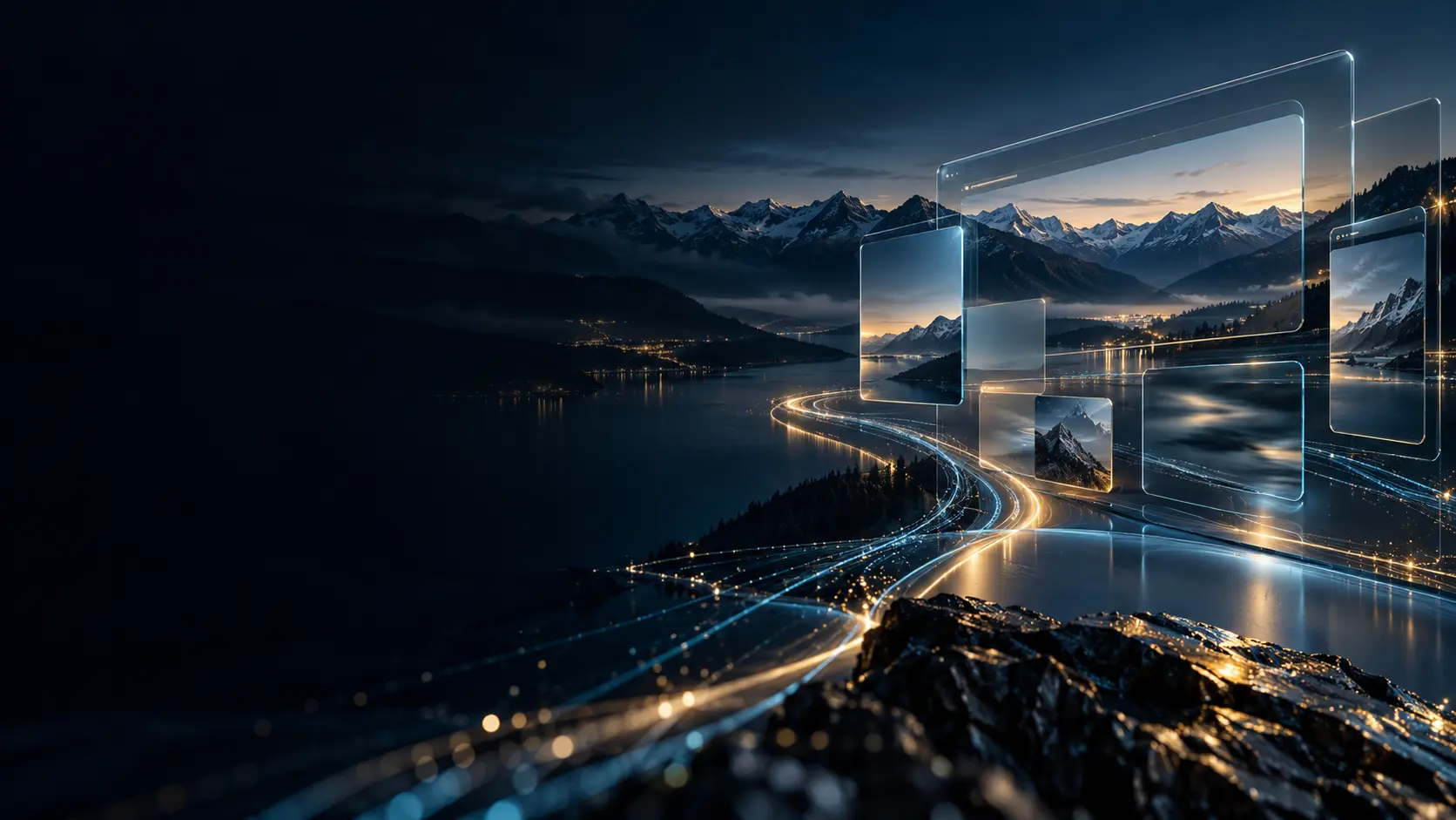 Nächtliche Alpenlandschaft mit leuchtenden digitalen Linien