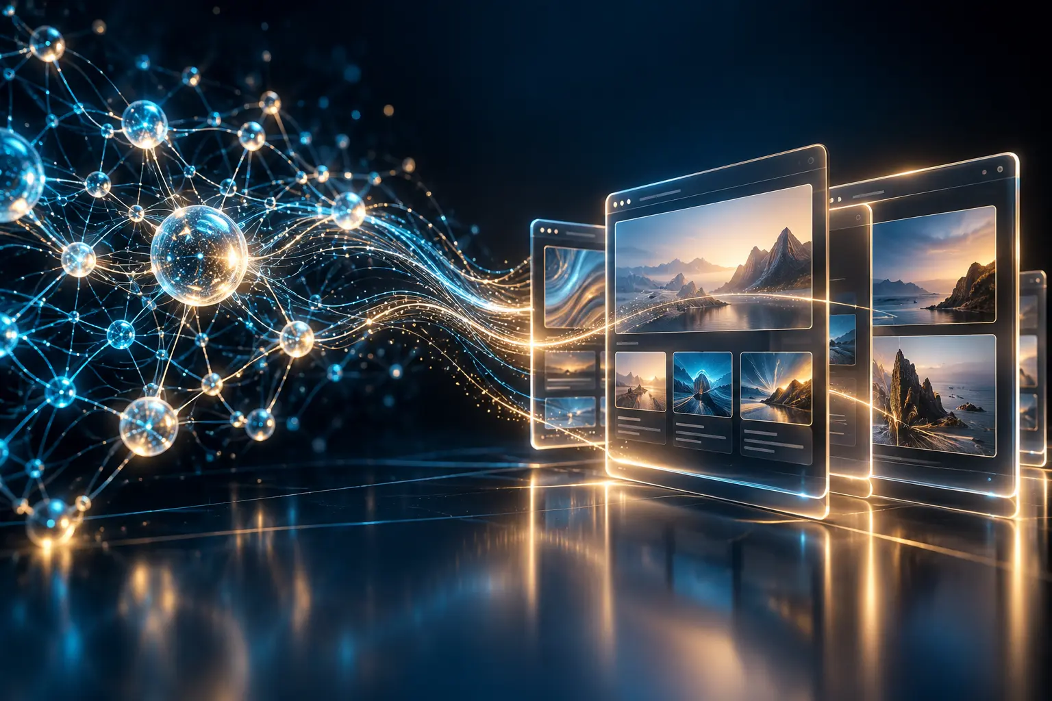 Leuchtende Datenverbindungen führen zu transparenten digitalen Website-Oberflächen